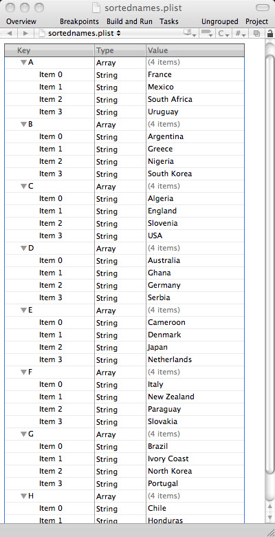 Sections Data Import plist file